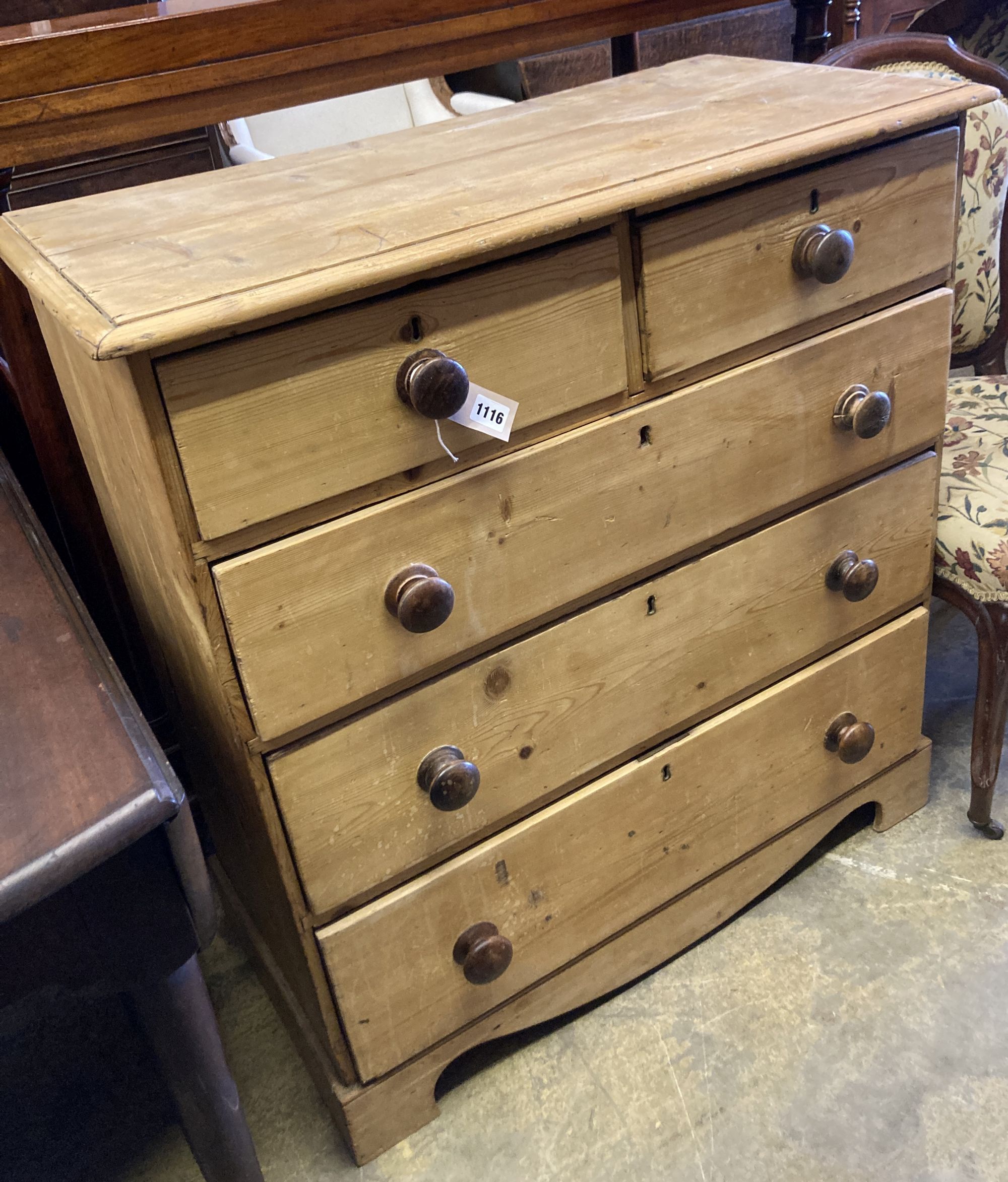 A Victorian stripped pine chest of drawers, width 89cm, depth 42cm, height 95cm